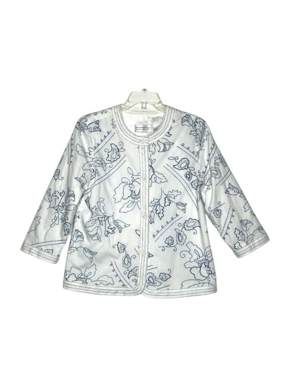 Christopher & Banks Women's Blazer Jacket Blue White 3/4 Sleeves Casual Classic